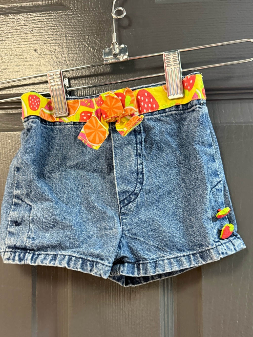 Vintage Fisher-Price Blue Denim Shorts with Fruit Waist & Strawberry Buttons